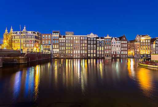 阿姆斯特丹,荷兰,城市,亮灯,反射,运河,夜晚
