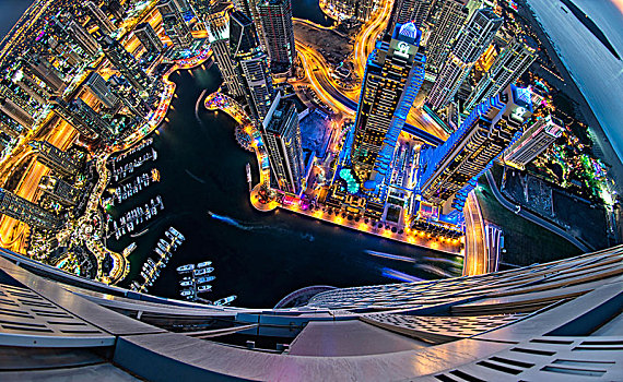 航拍,城市,迪拜,阿联酋,黄昏,光亮,摩天大楼,码头,前景