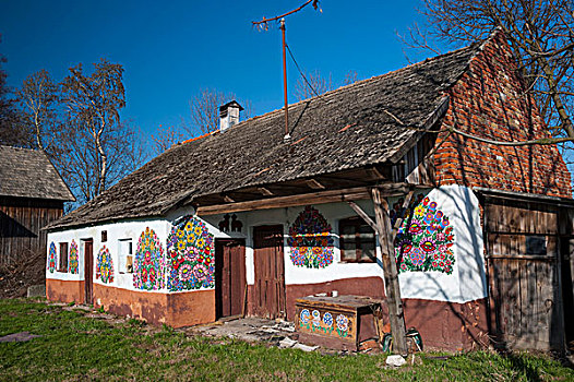 蓝色,窗户,传统,老,木质,房子,涂绘,彩色,花,乡村,靠近,小波兰省,波兰,欧洲