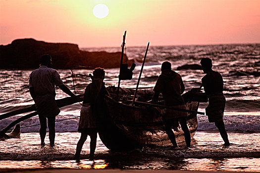 斯里兰卡,渔民,船,黎明,剪影