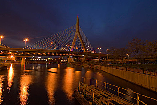 桥,穿过,河,黃昏,波士顿,马萨诸塞,美国