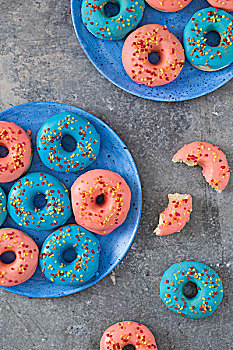 甜甜圈,粉色,蓝色,糖衣,糖粒浇料,风景,俯视