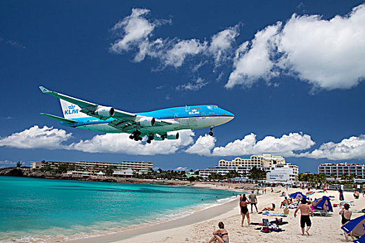 飞机,波音747,降落,上方,海滩,加勒比