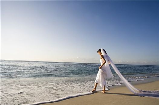 新娘,海滩,脚,海中