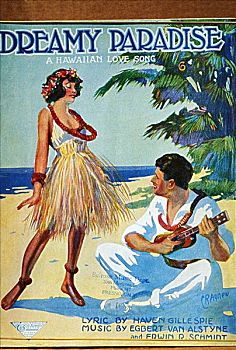 20年代,乐谱,梦幻,乐园,草裙舞,女孩,跳舞,海滩,夏威夷四弦琴,旁侧