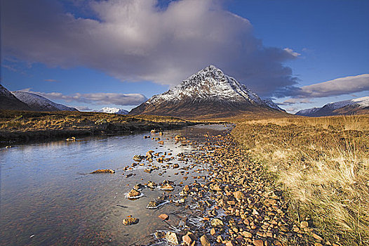 苏格兰,高地,河,流动,积雪,完美,山,身分