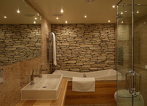 浴室,展示,石墙,空,木头