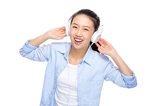 高兴,亚洲女性,听,歌曲,头戴式耳机