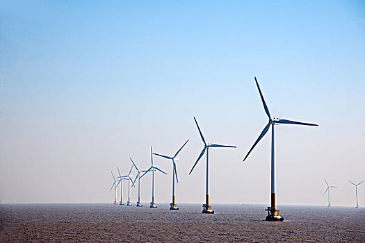 上海经济自贸区洋山港东海大桥旁海面风力发电机群