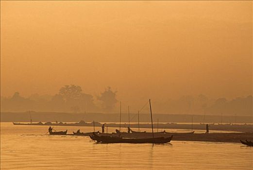缅甸,曼德勒,船,伊洛瓦底江,日落