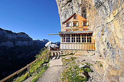 山,餐馆,靠近,洞穴,仰视,悬崖,阿彭策尔,罗得斯,瑞士,欧洲