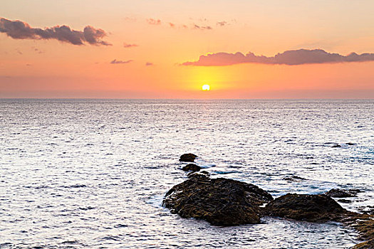 日落,海洋,岩石海岸,帕尔玛,加纳利群岛,西班牙
