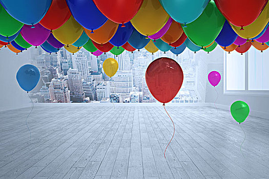 许多,彩色,气球,房间,城市风光