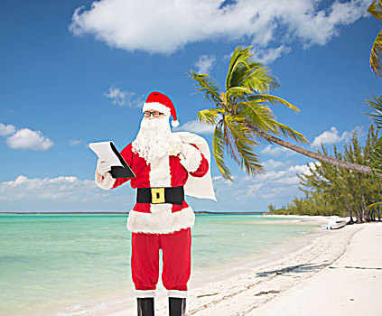 圣诞节,休假,旅行,人,概念,男人,服饰,圣诞老人,便笺,包,上方,热带沙滩,背景