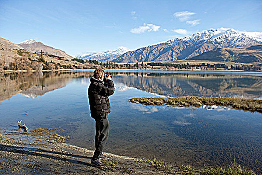 新西兰,南岛,瓦纳卡,摄影师,看,上方,瓦纳卡湖,艾斯派林山国家公园