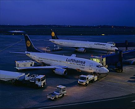 汉莎航空公司,飞机,夜晚,法兰克福,国际机场,黑森州,德国,欧洲
