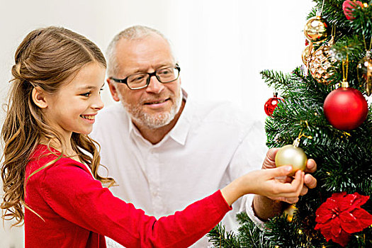 家庭,休假,人,概念,微笑,女孩,爷爷,装饰,圣诞树,在家