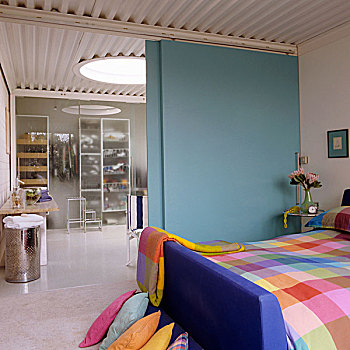 彩色,方格,床上用品,卧室,淡蓝色,滑动门,浴室