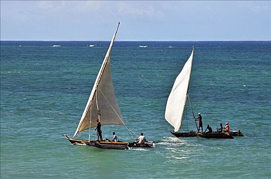 肯尼亚,蒙巴萨,两个,独木舟,航行,清晰,水,印度洋,海滩