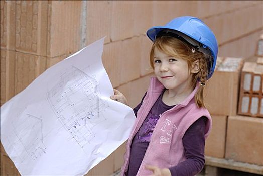 小女孩,穿,蓝色,安全帽,学习,建筑图,计划,房间,房子,工地