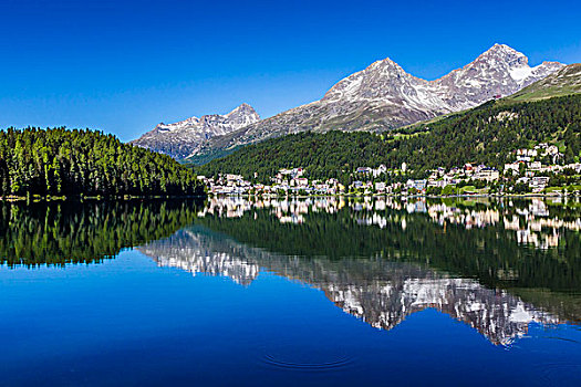 胜地,城镇,圣莫里茨,反射,湖,恩加丁,山谷,阿尔卑斯山,背景,晴天,瑞士