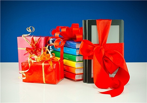 圣诞礼物,电子,书本,阅读,蓝色背景