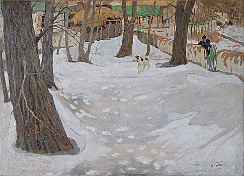 冬季风景,小屋,狗