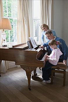 父母,女儿,演奏,钢琴