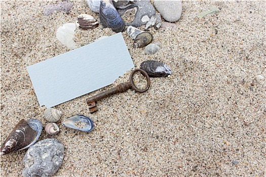 老,钥匙,卡,石头,壳,海滩,沙子