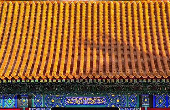 故宫宫殿房顶上的金色琉璃瓦与飞檐走兽剪影