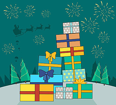 大,堆,彩色,包装,礼盒,旗帜,烟花,圣诞老人,驯鹿,天空,雪,背景,圣诞礼盒,树林,礼物,象征,矢量,插画