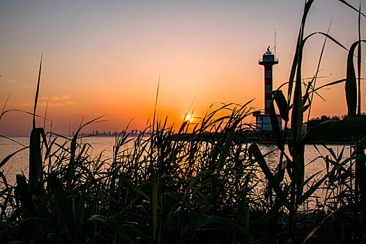 中国安徽合肥巢湖湿地公园灯塔落日