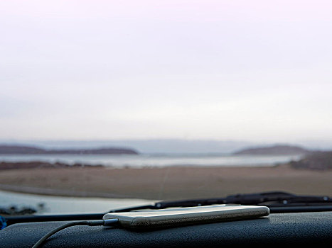 智能手机,汽车,仪表板,沿岸,风景,看,风档玻璃,新南威尔士,澳大利亚
