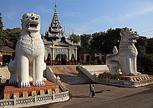 缅甸,曼德勒,山,入口,狮子,雕塑
