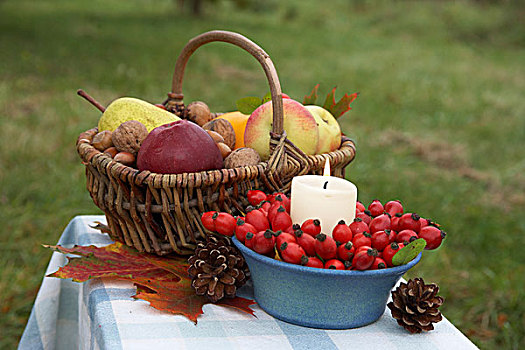 感恩节,篮子,蜡烛,野玫瑰果,装饰,南瓜,苹果,梨,彩色,叶子