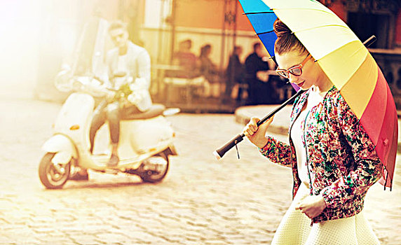 头像,年轻,女人,拿着,彩色,伞