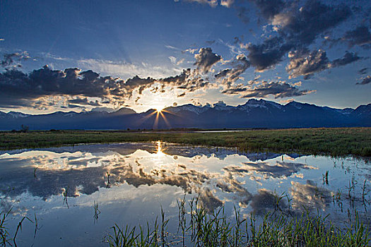 日出,上方,山脉,水塘,靠近,蒙大拿,美国