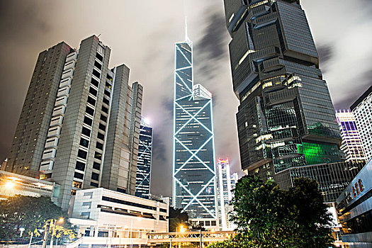摩天大楼,夜晚,仰视,香港,中国