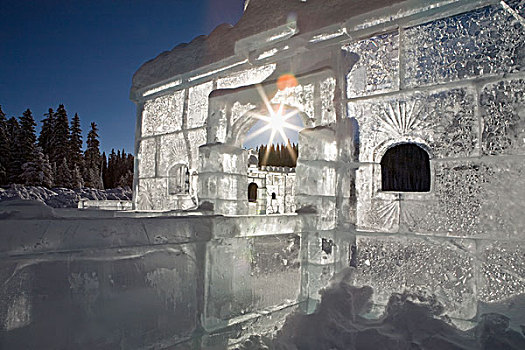 冰,城堡,阳光乍现,蓝天,路易斯湖,艾伯塔省,加拿大