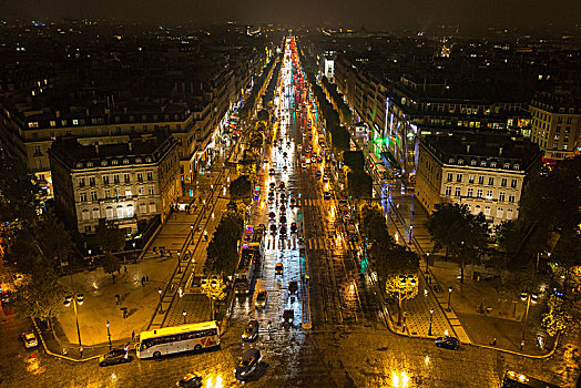 俯视,香榭丽舍大街,夜晚,巴黎,法国,欧洲