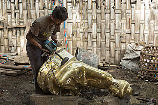 缅甸,曼德勒,一个,男人,黄铜,佛像
