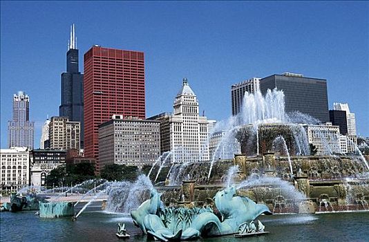 白金汉喷泉,希尔斯大厦,芝加哥,伊利诺斯,美国,北美,天际线