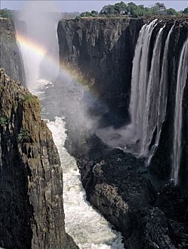 彩虹,拱,上方,华美,维多利亚瀑布,瀑布,英里,宽,一个,自然,强势,赞比西河,脚,叫,云,飞溅