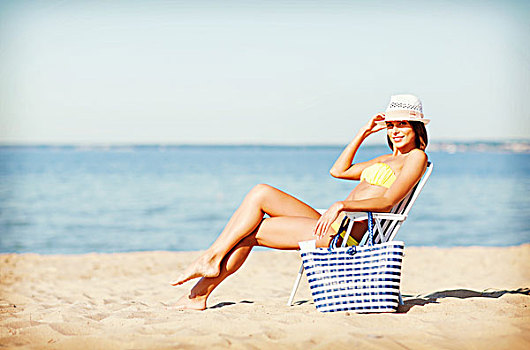 暑假,度假,女孩,日光浴,沙滩椅