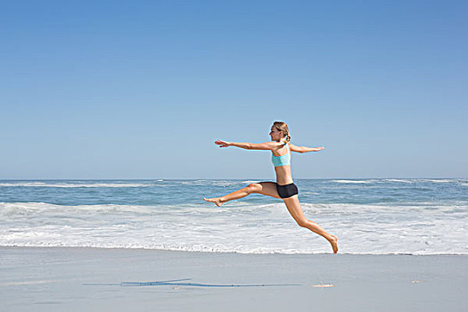 健身,女人,跳跃,雅致,海滩