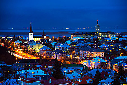 欧洲,冰岛,雷克雅未克,夜晚,城市风光