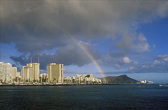 夏威夷,瓦胡岛,钻石海岬,怀基基海滩,酒店,游艇,港口,彩虹