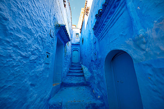楼梯,蓝色,入口,门,老城,墙壁,麦地那,舍夫沙万,沙温,摩洛哥,非洲