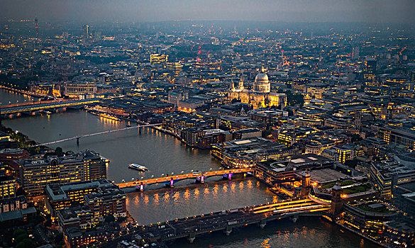 风景,泰晤士河,伦敦桥,千禧桥,圣保罗大教堂,黃昏,航拍,伦敦,英格兰,英国,欧洲