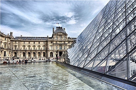 特写,水,户外,玻璃金字塔,形状,建筑,游人,巴黎